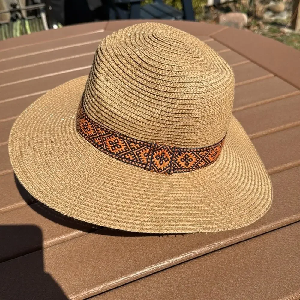 Paper Sun Hat Tan with Orange Band Adjustable